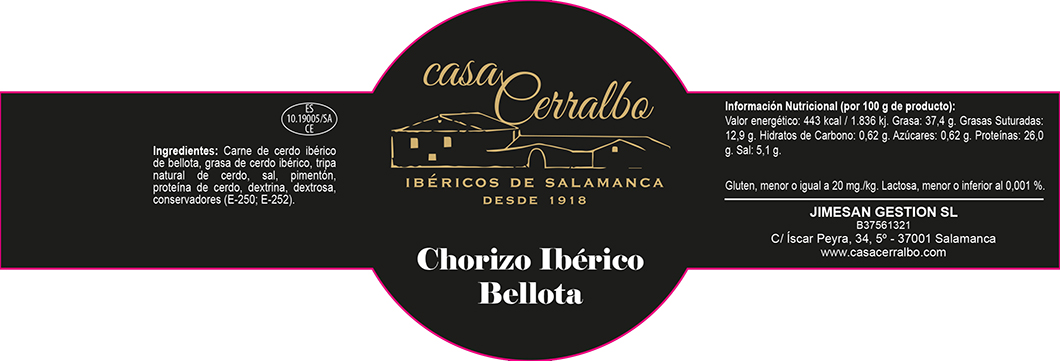 Etiqueta Casa Cerralbo. Chorizo Ibérico Bellota 24,5X8,35 cm