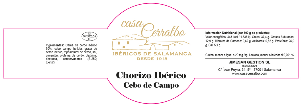 Etiqueta Casa Cerralbo. Chorizo de Cebo de Campo ibérico 24,5X