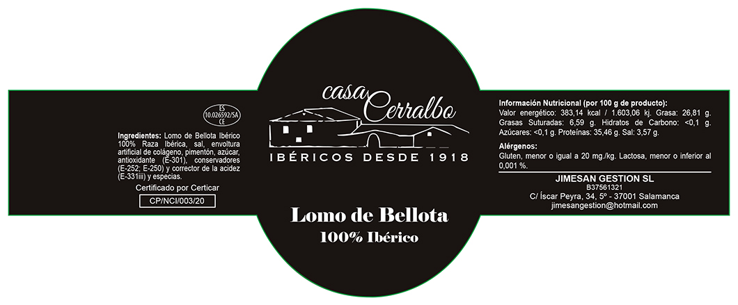 Etiqueta Casa Cerralbo. Lomo de Bellota Ibérico 100  25X10 cm